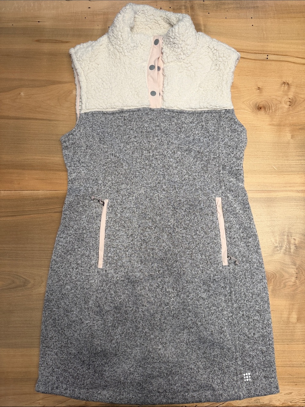 Women's  Heather Gray Fleece Vest Dress with Cream Sherpa and Pink Accents